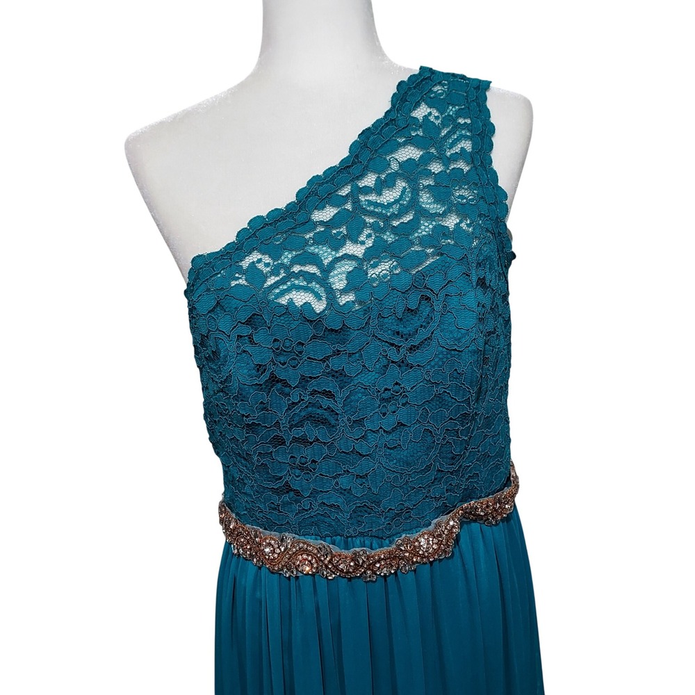 Celebrate DB Studio Teal Lace One Shoulder Gown Embellished Waist Maxi Dress